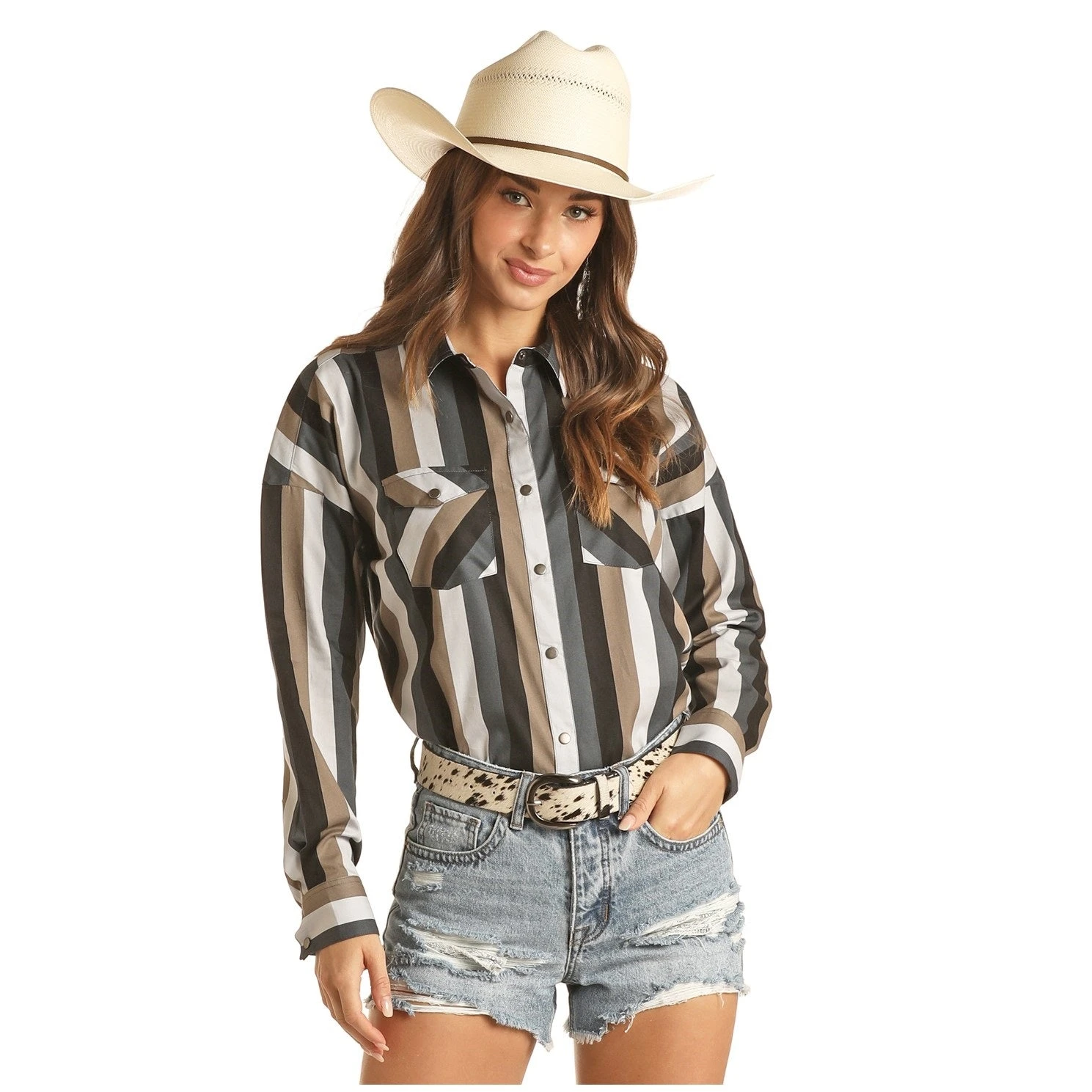 Rock & Roll Cowgirl Ladies Boyfriend Fit Stripe Long Sleeve Shirt B4S3334 3 Rock & Roll Cowgirl Ladies Boyfriend Fit Stripe Long Sleeve Shirt B4S3334