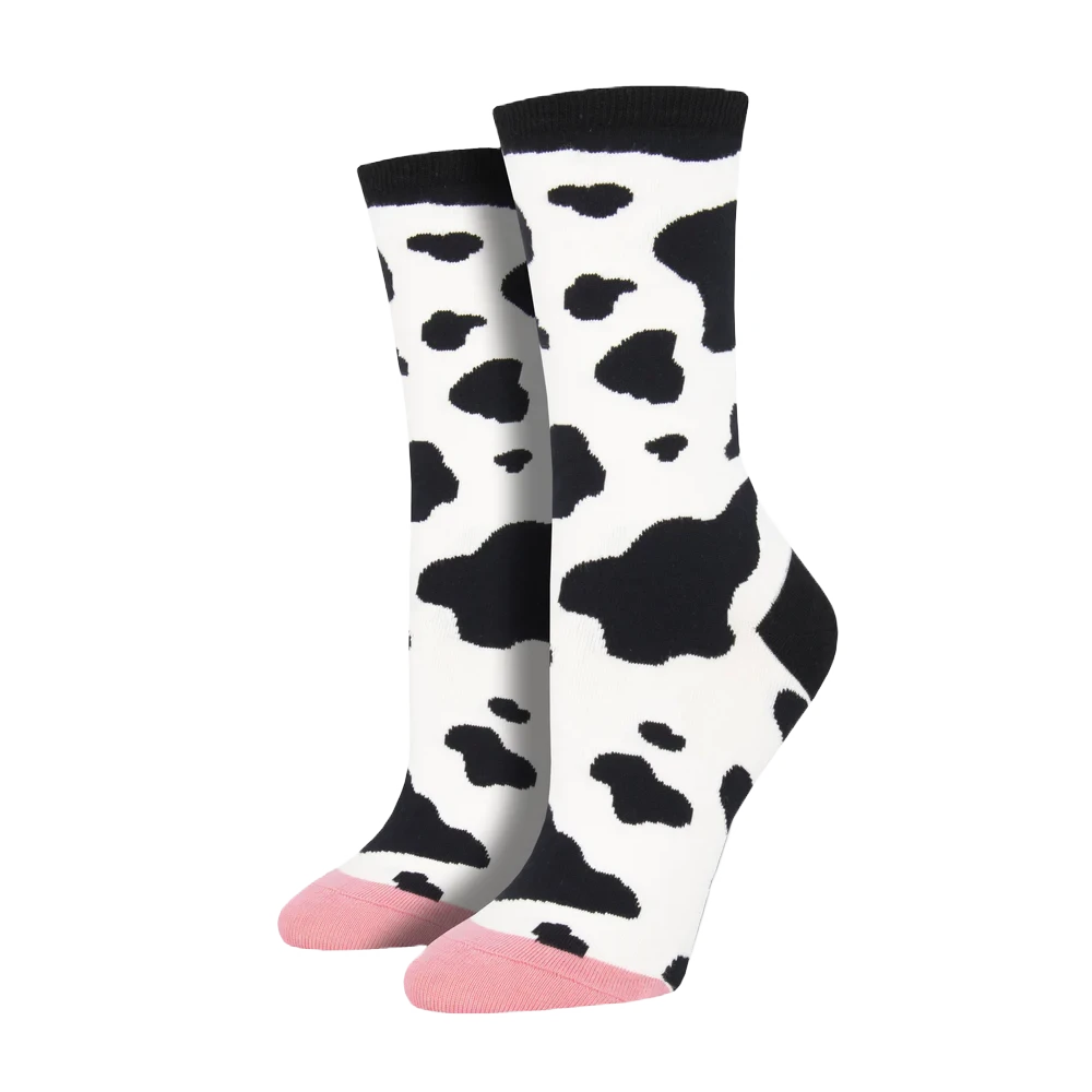SockSmith Ladies MOOOO! Cow Print Crew Socks WNC1886-WHI 2 SockSmith Ladies MOOOO! Cow Print Crew Socks WNC1886-WHI