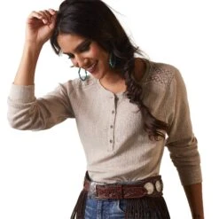 AriatĀ® Ladies R.E.A.L Pointelle Oatmeal Henley Shirt 10043415