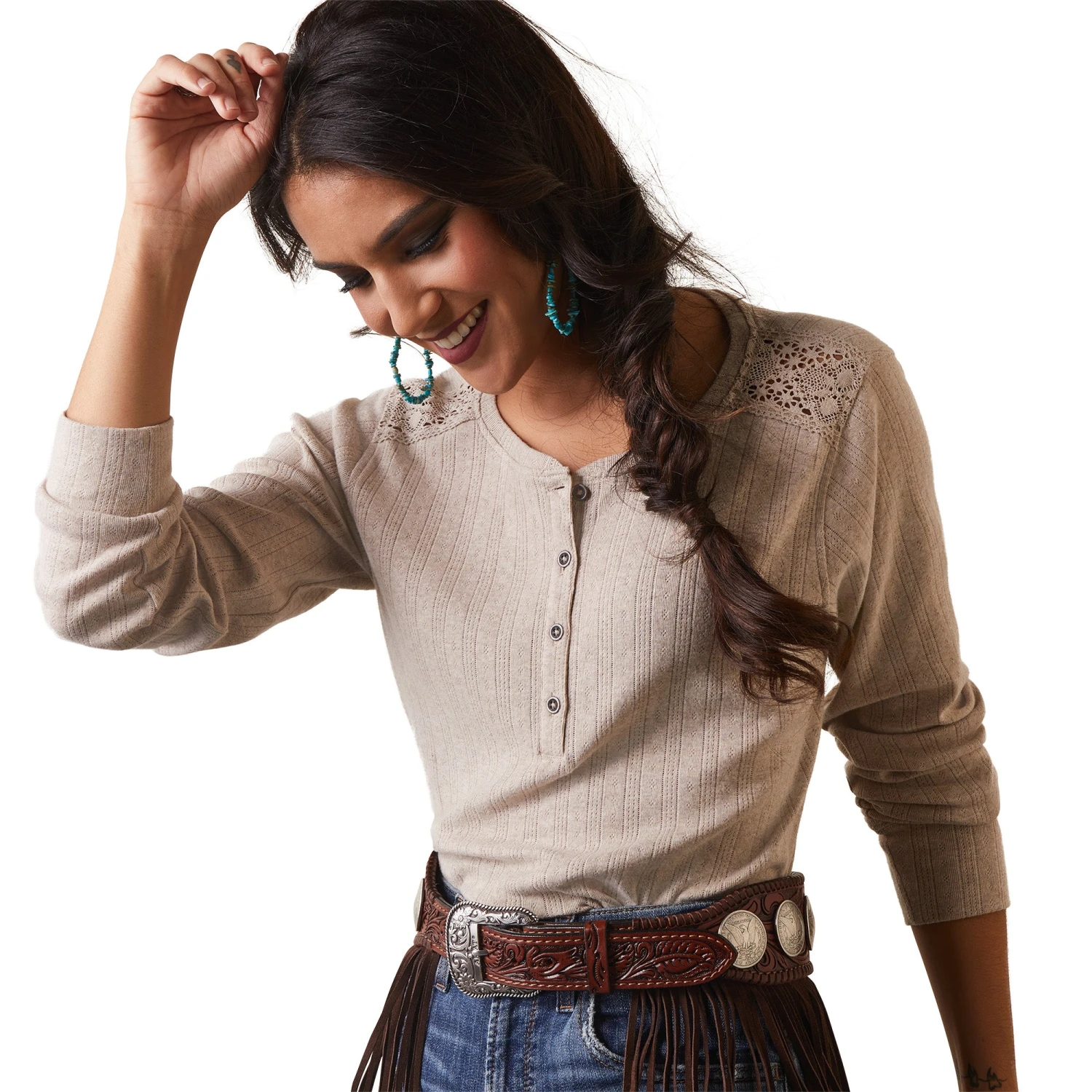 Ariat® Ladies R.E.A.L Pointelle Oatmeal Henley Shirt 10043415 3 Ariat® Ladies R.E.A.L Pointelle Oatmeal Henley Shirt 10043415